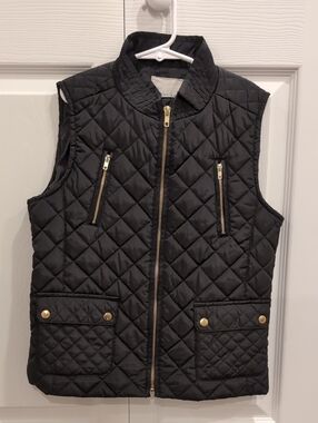 Copper Key Black Quilted Puffer Vest with Gold Hardware